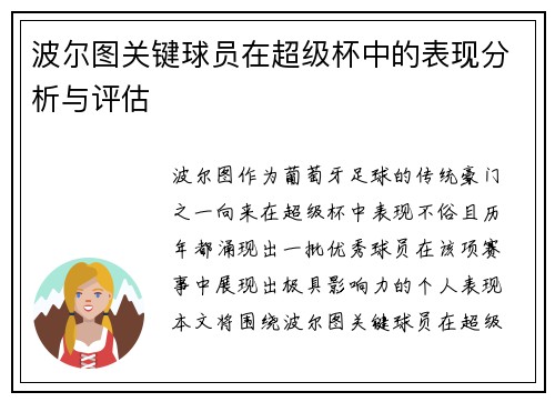 波尔图关键球员在超级杯中的表现分析与评估